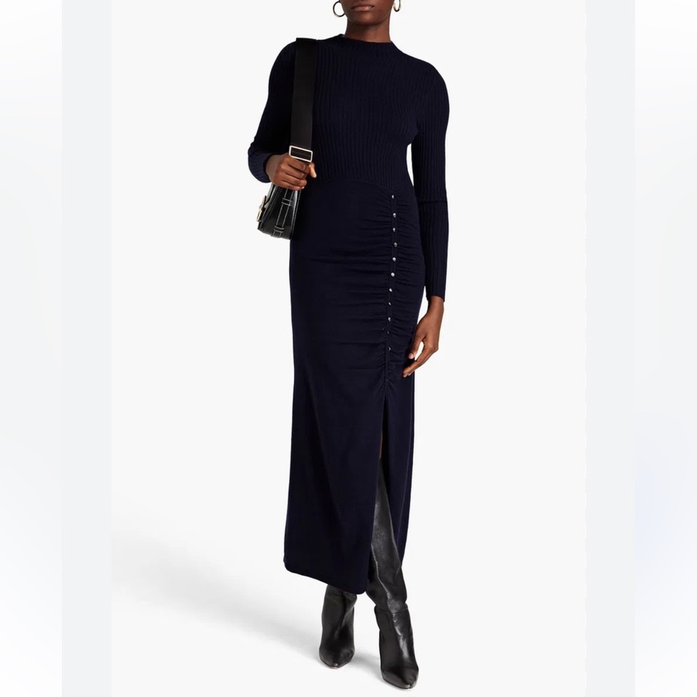 SANDRO Paris Ruched Ribbed Cashmere Wool Blend Sweater Dress